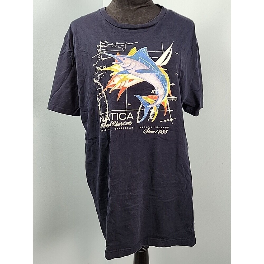 Nautica Mens Blue Marlin Short Sleeve T-Shirt XL Deep Sea Charter Fishing